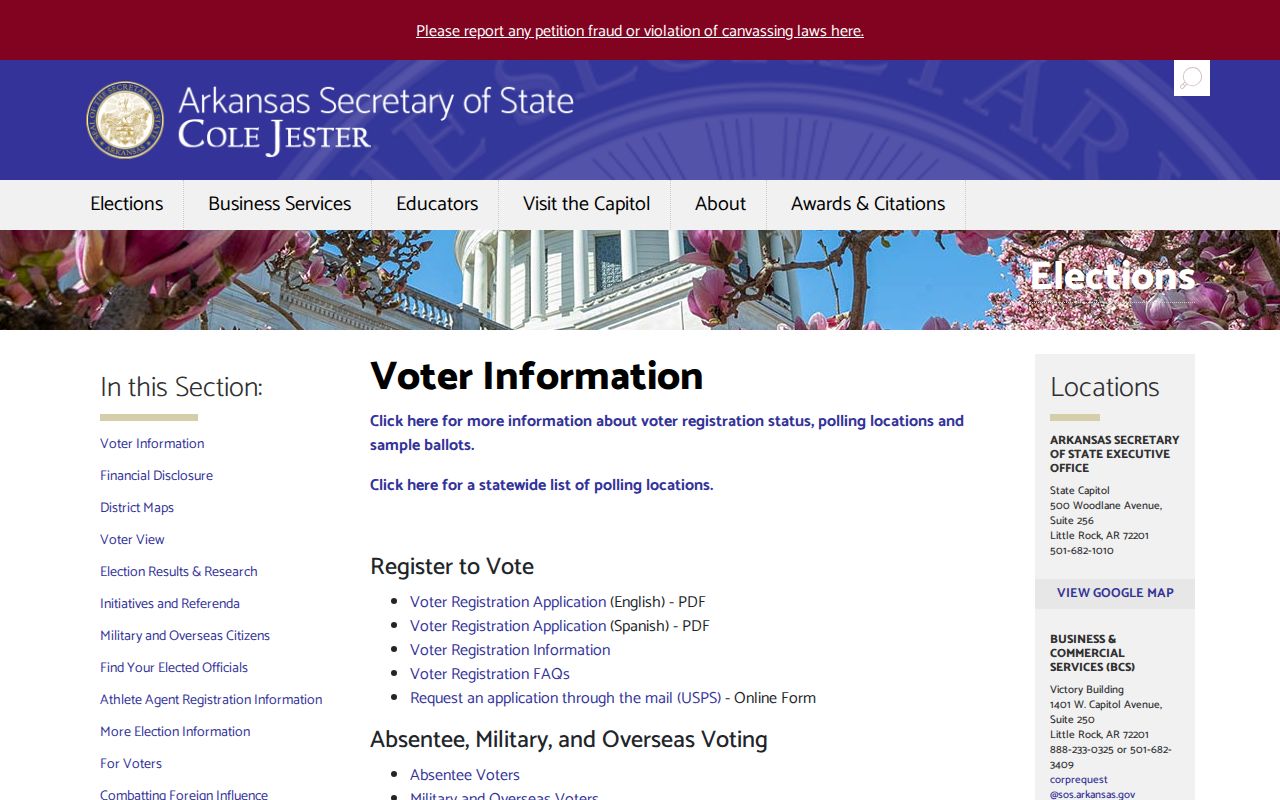 Springdale voter registration records Secretary of State voter information page